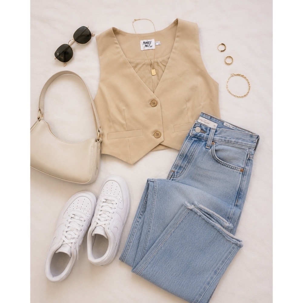 NWT Princess Polly Beige Brenner, Cropped, Two Button Vest Size 6